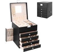 Casiwaft Caja Joyero con 5 Niveles de PU, Estuche para Joyería con 6 Cajones, Caja Organizador de Joyas con cajones laterales para collares, pendientes, anillos, relojes, Negro