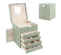 Casiwaft Caja Joyero con 5 Niveles de PU, Estuche para Joyería con 6 Cajones, Caja Organizador de Joyas con cajones laterales para collares, pendientes, anillos, relojes, Verde aguacate