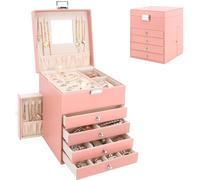Casiwaft Caja Joyero con 5 Niveles de PU, Estuche para Joyería con 6 Cajones, Caja Organizador de Joyas con cajones laterales para collares, pendientes, anillos, relojes, Rosa