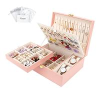Casiwaft Caja Joyero de 2 Capas de PU, Joyeros Mujer Organizador Grande con bandeja extraíble, Caja Organizador de Joyas de Viaje para collares, pendientes, anillos, relojes, Rosa