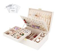 Casiwaft Caja Joyero de 2 Capas de PU, Joyeros Mujer Organizador Grande con bandeja extraíble, Caja Organizador de Joyas de Viaje para collares, pendientes, anillos, relojes, Blanco