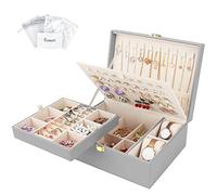 Casiwaft Caja Joyero de 2 Capas de PU, Joyeros Mujer Organizador Grande con bandeja extraíble, Caja Organizador de Joyas de Viaje para collares, pendientes, anillos, relojes, Gris