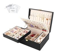 Casiwaft Caja Joyero de 2 Capas de PU, Joyeros Mujer Organizador Grande con bandeja extraíble, Caja Organizador de Joyas de Viaje para collares, pendientes, anillos, relojes, Negro
