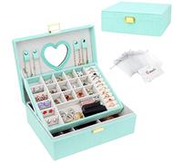 Casiwaft Caja joyero de 2 Niveles con Espejo, Caja Grande de Joyas de Terciopelo, Organizador de Joyas con bandeja de joyería para Pulseras, Pendientes, Anillos, Collares, Verde menta