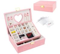 Casiwaft Caja joyero de 2 Niveles con Espejo, Caja Grande de Joyas de Terciopelo, Organizador de Joyas con bandeja de joyería para Pulseras, Pendientes, Anillos, Collares, Rosa