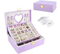 Casiwaft Caja joyero de 2 Niveles con Espejo, Caja Grande de Joyas de Terciopelo, Organizador de Joyas con bandeja de joyería para Pulseras, Pendientes, Anillos, Collares, Púrpura