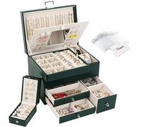Casiwaft Caja Joyero de 3 Capas de PU, Joyeros Mujer Organizador Grande con Cajones, con Mini Caja Portátil para Viajar, Caja Organizador de Joyas para collares, pendientes, anillos, Verde oscuro