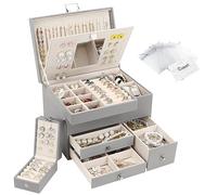Casiwaft Caja Joyero de 3 Capas de PU, Joyeros Mujer Organizador Grande con Cajones, con Mini Caja Portátil para Viajar, Caja Organizador de Joyas para collares, pendientes, anillos, Gris