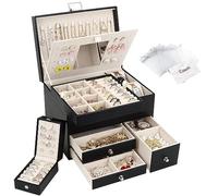 Casiwaft Caja Joyero de 3 Capas de PU, Joyeros Mujer Organizador Grande con Cajones, con Mini Caja Portátil para Viajar, Caja Organizador de Joyas para collares, pendientes, anillos, Negro