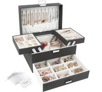 Casiwaft Caja joyero de 3 Niveles con Cajones y Cerradura, Caja para Joyas, Caja organizadora con bandejas, Organizador de Joyas para Pulseras, Pendientes, Anillos, Collares, Dia de la Madre, Gris