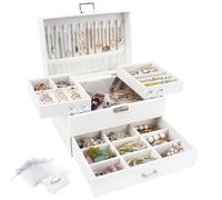 Casiwaft Caja joyero de 3 Niveles con Cajones y Cerradura, Caja para Joyas, Caja organizadora con bandejas, Organizador de Joyas para Pulseras, Pendientes, Anillos, Collares, Dia de la Madre, Blanco