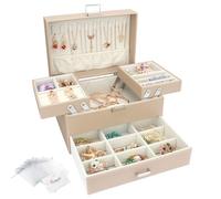 Casiwaft Caja joyero de 3 Niveles con Cajones y Cerradura, Caja para Joyas, Caja organizadora con bandejas, Organizador de Joyas para Pulseras, Pendientes, Anillos, Collares, Dia de la Madre, Beige
