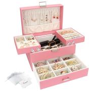 Casiwaft Caja joyero de 3 Niveles con Cajones y Cerradura, Caja para Joyas, Caja organizadora con bandejas, Organizador de Joyas para Pulseras, Pendientes, Anillos, Collares, Dia de la Madre, Rosa