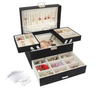 Casiwaft Caja joyero de 3 Niveles con Cajones y Cerradura, Caja para Joyas, Caja organizadora con bandejas, Organizador de Joyas para Pulseras, Pendientes, Anillos, Collares, Dia de la Madre, Negro