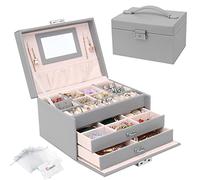 Casiwaft Caja joyero, Organizador de Joyas Grande con Cajón y Cerradura, Organizador Joyas Joyeros Organizador de 3 Niveles con Espejo, Caja organizadora para Collares Pendientes, Anillos, Gris