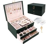 Casiwaft Caja joyero, Organizador de Joyas Grande con Cajón y Cerradura, Organizador Joyas Joyeros Organizador de 3 Niveles, Caja organizadora para Collares Pendientes, Anillos, Verde oscuro