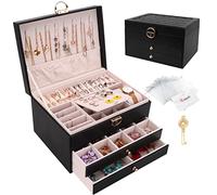 Casiwaft Caja joyero, Organizador de Joyas Grande con Cajón y Cerradura, Organizador Joyas Joyeros Organizador de 3 Niveles, Caja organizadora para Collares Pendientes, Anillos, Negro