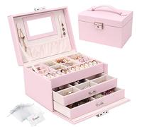 Casiwaft Caja joyero, Organizador de Joyas Grande con Cajón y Cerradura, Organizador Joyas Joyeros Organizador de 3 Niveles con Espejo, Caja organizadora para Collares Pendientes, Anillos, Rosa