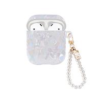 Caso Brillante para Apple Airpods, Funda Protectora de Silicona Suave a Prueba de Golpes para Airpods 2&1, Estuche Protectora Anti-Deslizante con Llavero de Perlas - Blanco Brillante