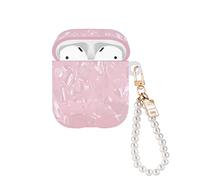 Caso Brillante para Apple Airpods, Funda Protectora de Silicona Suave a Prueba de Golpes para Airpods 2&1, Estuche Protectora Anti-Deslizante con Llavero de Perlas - Rosa Brillante