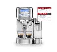 CASO Espresso Gourmet Latte - Juicio test muy bien, cafetera con depósito de leche integrado, bomba ULKA 20 bar, placa calefactora para tazas, 1 o 2 tazas, plata, acero inoxidable