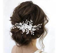 CASOLVX Peine para el pelo hecho a mano con hojas plateadas y perlas de arcilla polimérica blanca, horquilla de cristal, accesorios para el cabello de novia, accesorios de boda, damas de honor, regalo