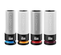 CASOMAN Juego de 4 llaves de impacto de tuerca de 1.27 cm, protector de rueda de pared delgado que no se rompe, codificado por colores, 17, 19, 21, 22 mm, 6 puntos, CR-MO