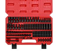 CASOMAN Juego de llaves de impacto Drive Master de 1/4 pulgadas con adaptadores, junta en U, extensiones y enchufe Torx, 86 piezas, 6 puntos, SAE/métrico, estándar/profundo, CR-V