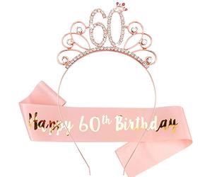Casoty Banda y tiara de 60 cumpleaños para mujer, decoraciones de 60 cumpleaños para mujer, 60 cumpleaños, juego de banda y corona de oro rosa para feliz 60 cumpleaños para mujer
