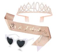Casoty Juego de tiara y banda de cumpleaños número 40 para mujer, 40 y fabulosas gafas de sol con corona de diamantes de imitación, corazón con purpurina, decoraciones de 40 cumpleaños, regalos de