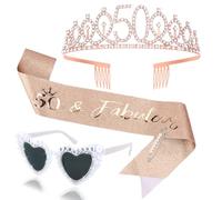 Casoty Juego de tiara y banda de cumpleaños número 50 para mujer, 50 y fabulosas gafas de sol con corona de diamantes de imitación, corazón con purpurina, decoraciones de 50 cumpleaños, regalos de