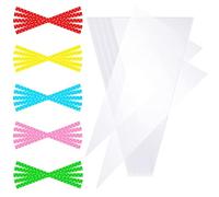 CASPLUS 100 bolsas de cono transparente de 30 x 16 cm con 100 lazos de colores de lunares, bolsas de celofán transparente para dulces, dulces, fiestas de cumpleaños, Navidad y festivales