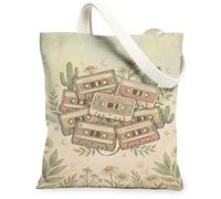 Cassette - Bolsa de lona para mujer, diseño retro bohemio de crisantemo, cactus, verano, verde pastel, lavable, reutilizable, ideal para viajes, trabajo, compras, librería, 13 x 15 pulgadas