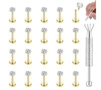 CASSIECA 20Pcs 16G Piercings Labret Acero Quirúrgico Piercing Labio con Zircón 3MM Labret Studs Piercing Tragus Helix Cartílago Piercing Oreja para Mujer Hombre Oro Vertical Labret 6mm