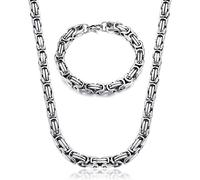 CASSIECA 2Pcs Collar Plata Hombre Cadena Plata Hombre Bizantina Collar de Acero Inoxidable Bizantina Pulseras para Hombre Mujeres Punk Cadena Bizantina 8mm