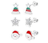 CASSIECA 3 Pares Pendientes Navidad para Mujer Niñas Pendientes de Copo de Nieve de Plata de Ley 925 Pendientes de Árbol de Navidad Pendientes Santa Claus Joyería de Navidad con Caja de Regalo