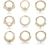 CASSIECA 9 PCS 16G Piercing Nariz Aro para Mujeres Hombres Daith Pendientes Piercing Nariz Acero Quirurgico Nostril Piercing Nariz Septum Helix Tragus Piercing Joyas Plata Oro Oro Rosa Negro