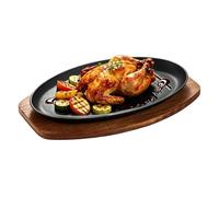 Cast Iron Grill Pan - 10-Inch Oval Steak Plate, Teppanyaki Sizzling Platter | Induction Cooker Black Griddle Pan, 1.50kg Heavy Duty Kitchen Dinnerware Set With Protective Wooden Base Chassis For Fajit