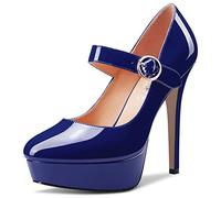 Castamere Mujer Aguja Alto High Plataforma Heel Redonda Punta Mary Jane Pumps Slip-on Clásico Cute Dress 13 CM Heels Azul Marino 45 EU