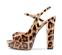 Castamere Mujer Chunky Ancho Alto High Heel Plataforma Abierta Punta Sandalias Correa Tobillo Slingback Slip-on Fiesta Zapatos 13 CM Heels Marrón Leopardo 38 EU