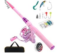 Castaroud - Kit de caña de Pescar telescópica Rosa de Fibra de Carbono para Mujer, con Carrete de Spinning, sedal, señuelos y Bolsa de Transporte