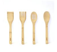 Castey - Juego de 4 Utensilios de Cocina, Set de Cubiertos de Bambú, Material Natural, Duradero y Resistente, Incluye Tenedor, Espátula, Cuchara y Cuchara Perforada, Fáciles de Limpiar