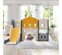 Castillo 6 en 1 con estructura de escalada para interior con tobogán, casa de juegos para niños de 3 a 6 años, juguete de motricidad con canasta de baloncesto y túnel de gateo de HDPE