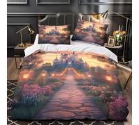 Castillo al atardecer Impresión 3D 3 piezas funda de edredón Escena de cuento de hadas de fantasía funda de colchón microfibra hipoalergénica antiácaros para bebés chicos hombres Single (135x200cm)