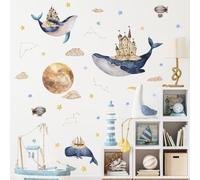 Castillo de ballenas Vinilos decorativos,Grande Ballenas Delfines Estrella Luna Vinilos decorativos Pegatinas de Pared Adhesivas para Dormitorio de Niño Habitación de Niño Guarderí