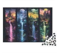 Castillo de Cascada fantástica, Rompecabezas de 1000 Piezas para Adultos, Cascada de 4 Paneles, Castillo, Luna desafiante difícil, Premium, Alivio del estrés, Juego Familiar, 52x38cm/1000pzas