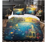 Castillo de fantasía 3D Impresión Funda de edredón 3pz Microfibra antidesvanecimiento Escena mágica submarina Edredón funda 2 fundas hipoalergénica Decoración habitación niños Single（140x200cm）