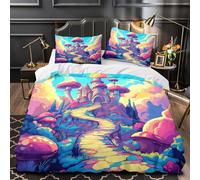 castillo de hongos de fantasía Impresión 3D 3 piezas cubrecama estilo de dibujos animados vibrante funda de edredón microfibra morbida transpirable para bebés adolescentes hombres Double（200x200cm）