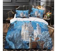 Castillo en la nieve Funda de Edredón 3 Piezas Impresión 3D Cremallera Oculta con Fundas de Almohada Transpirable Escena de cuento de hadas de invierno Funda Edredon for familia Single（140x200cm）