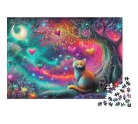 Castillo Fantasía Rompecabezas 1000 Piezas Noche Juego para Adultos Gato Árbol Estrellado Corazones de Amor, Premium Grueso Resistente, Vibrante Desafiante Duro Alivio Estrés 70x50cm/1000pzs